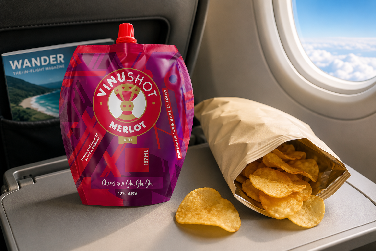 VinuShot Merlot pouch on an inflight service tray